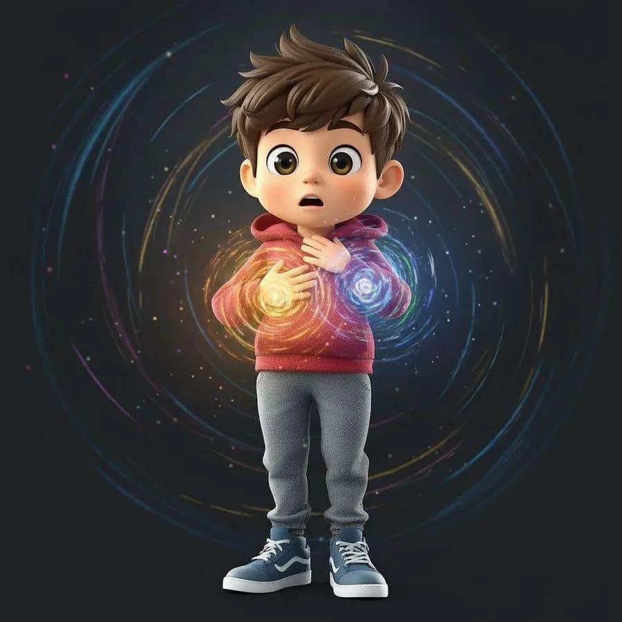 Luis se lleva las manos al pecho, donde brilla una luz roja, rodeado de estelas de colores