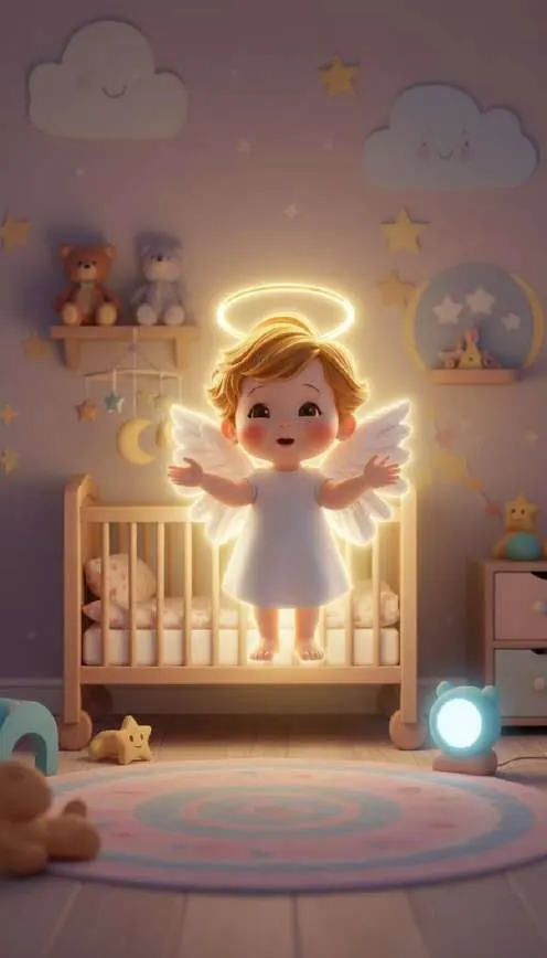 Un ángel diminuto de aureola dorada flota iluminando la habitación de los niños por la noche