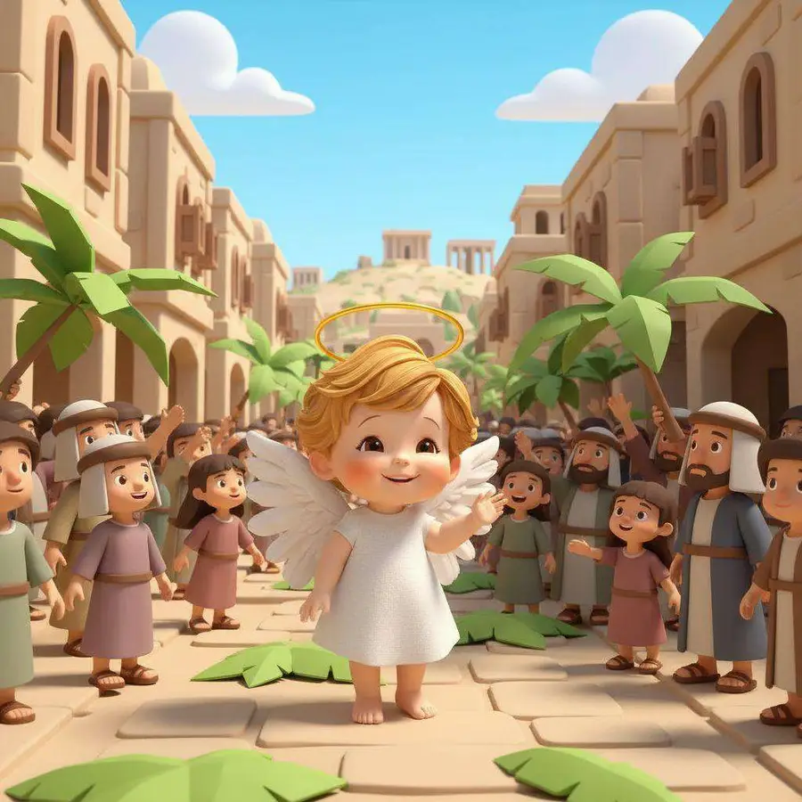 El ángel avanza por una calle de Jerusalén entre gente que agita ramas de palma a su paso