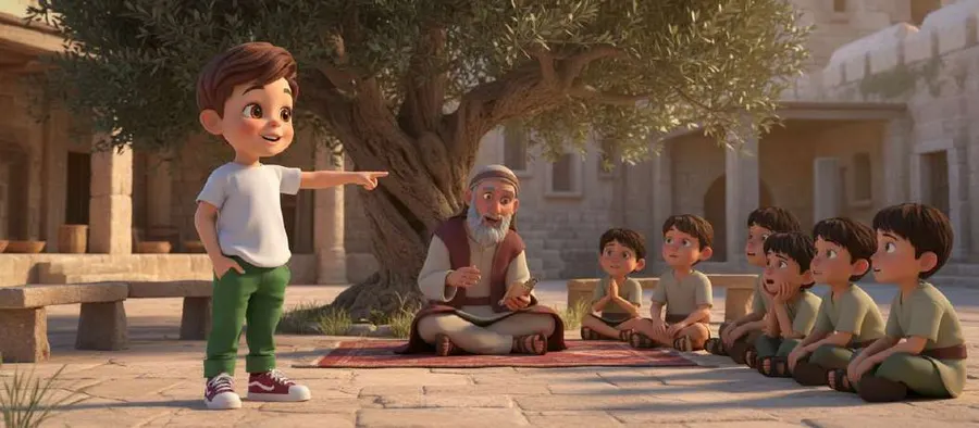 Un niño señala a un maestro sentado bajo un árbol que explica algo a un grupo de personas atentas