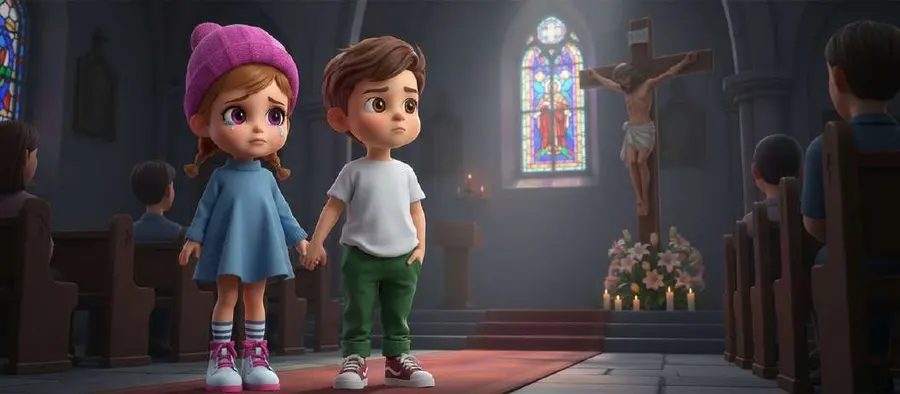 Dos hermanos de la mano contemplan en silencio un crucifijo dentro de una iglesia en penumbra