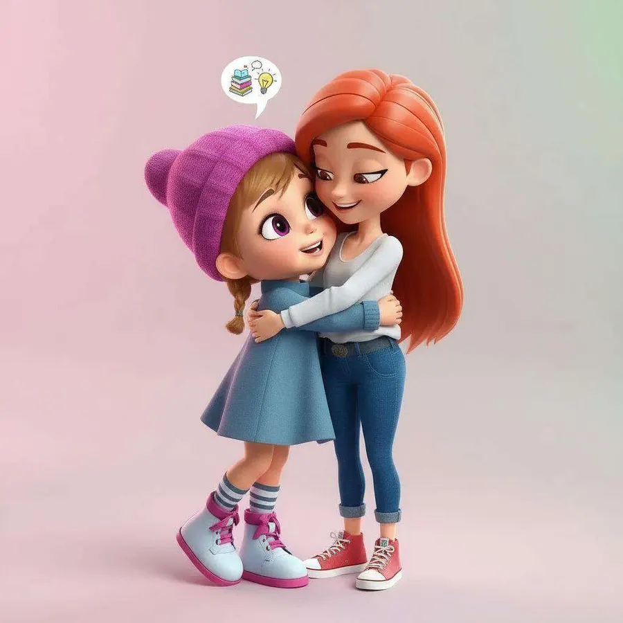 Una niña abraza fuerte a su madre al volver a casa, con una nube de pensamientos alegres sobre su cabeza
