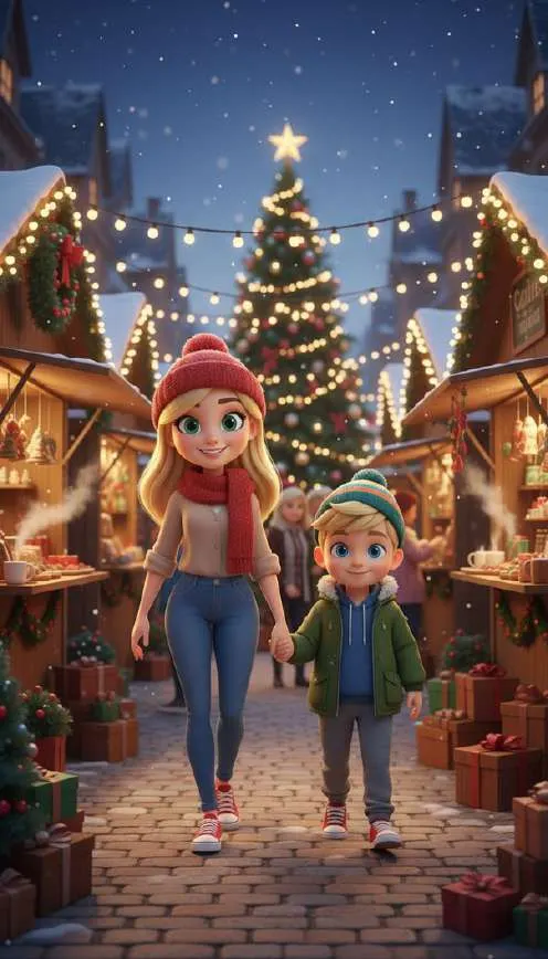 Una madre camina de la mano de su hijo pequeño entre los puestos iluminados de un mercado navideño nevado