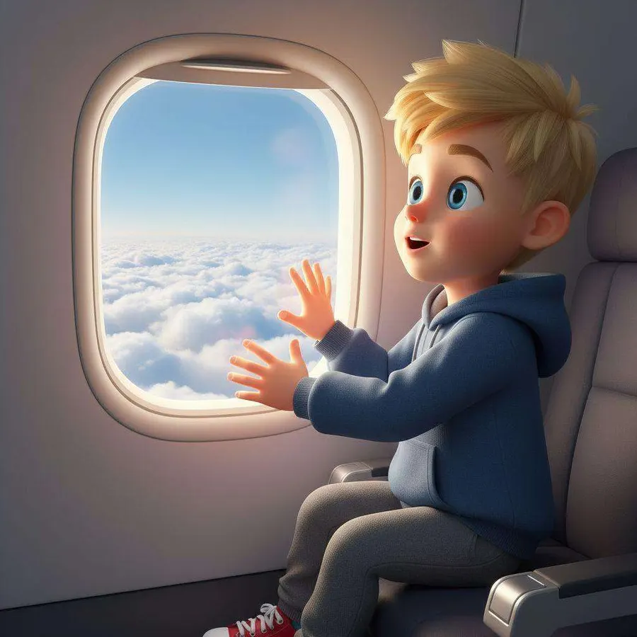 Un niño rubio, sentado en el avión, apoya la mano en la ventanilla mirando el mar de nubes