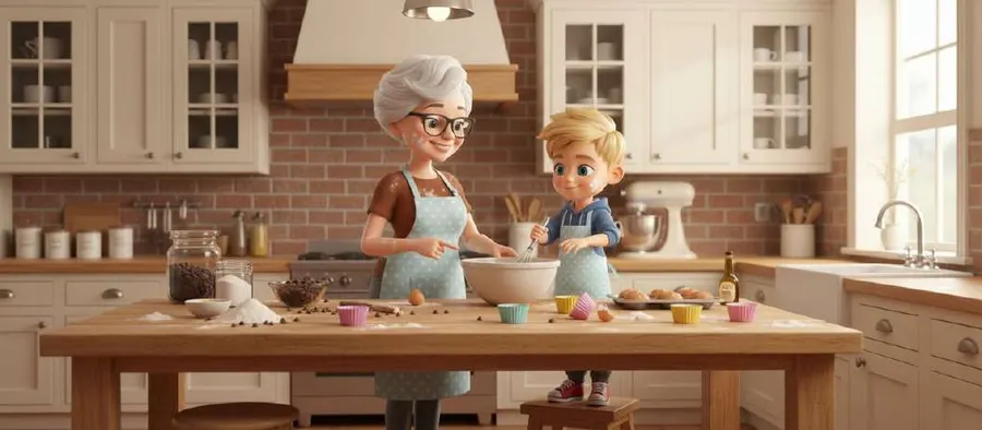 La abuela y su nieto amasan magdalenas juntos en una cocina luminosa llena de moldes y cuencos