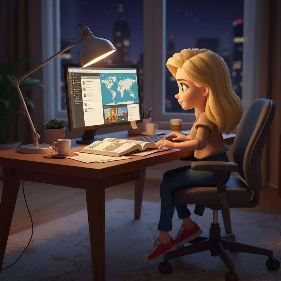 Mamá trabaja de noche frente al ordenador, con un mapa en la pantalla y una taza junto al teclado