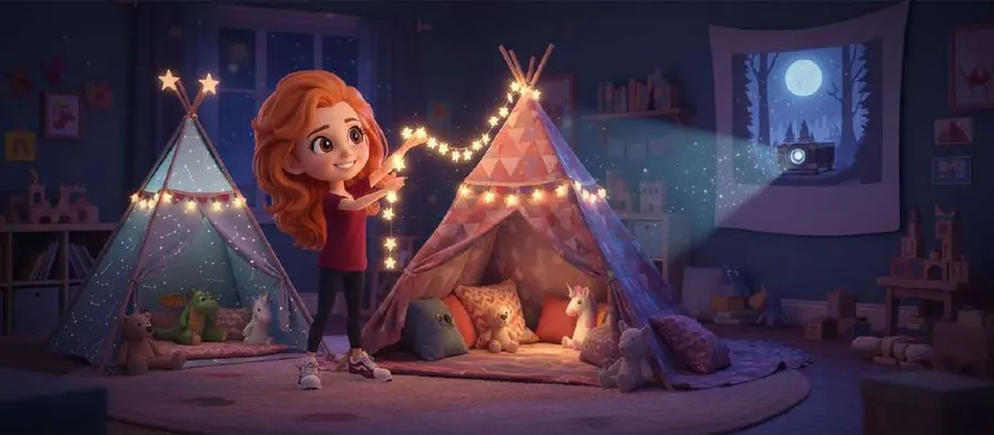 La habitación de juegos convertida en refugio de cuentos, con dos tiendas de campaña iluminadas con guirnaldas de luces