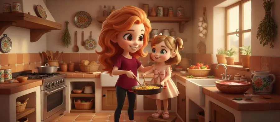 Madre e hija cocinan juntas en una cocina de azulejos y cazuelas de barro, con la niña subida a un taburete