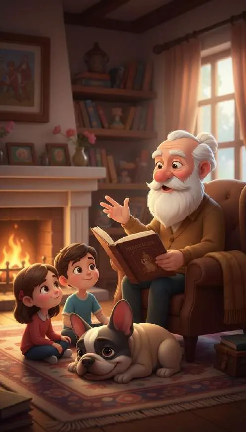 El abuelo lee un libro junto a la chimenea a sus dos nietos sentados en la alfombra con el perro