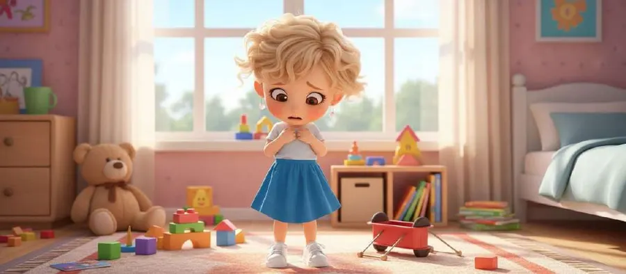 Luna, de pie en su habitación entre juguetes y un osito de peluche, se lleva las manos al pecho con cara de preocupación