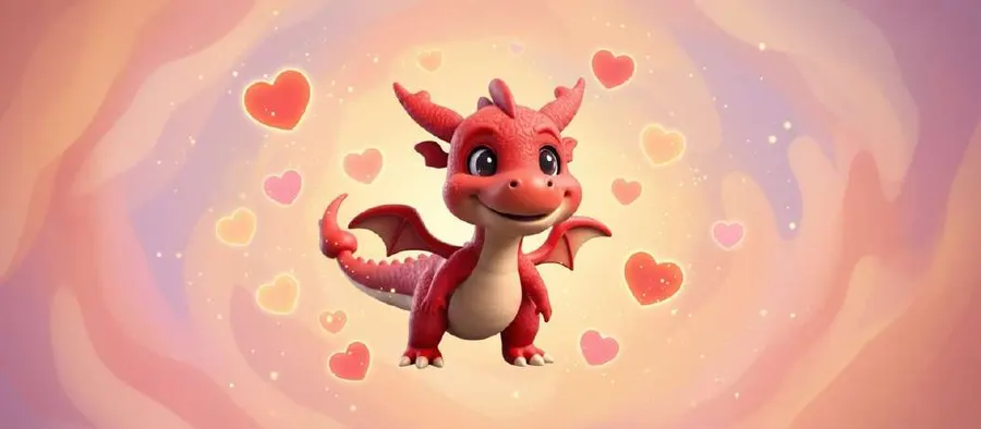 Un dragón pequeño y rojo con las alas abiertas flota rodeado de corazones sobre un fondo rosa y dorado
