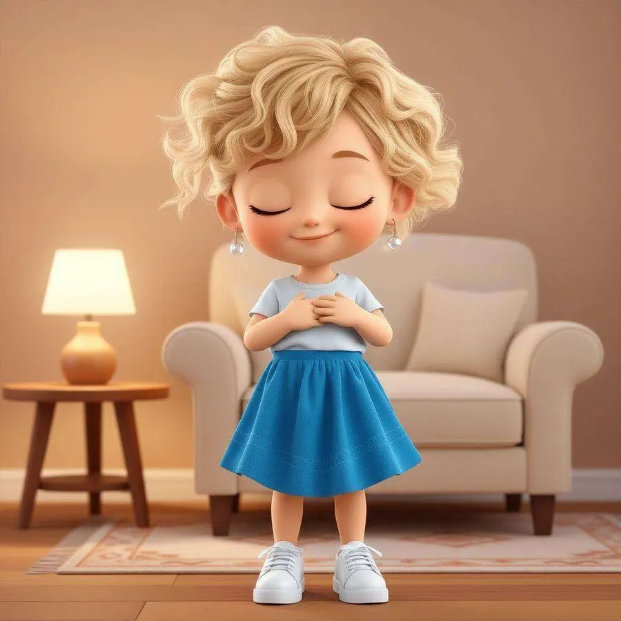 Luna, de pie en el salón con los ojos cerrados y las manos sobre el pecho, respira hondo junto a una lámpara encendida