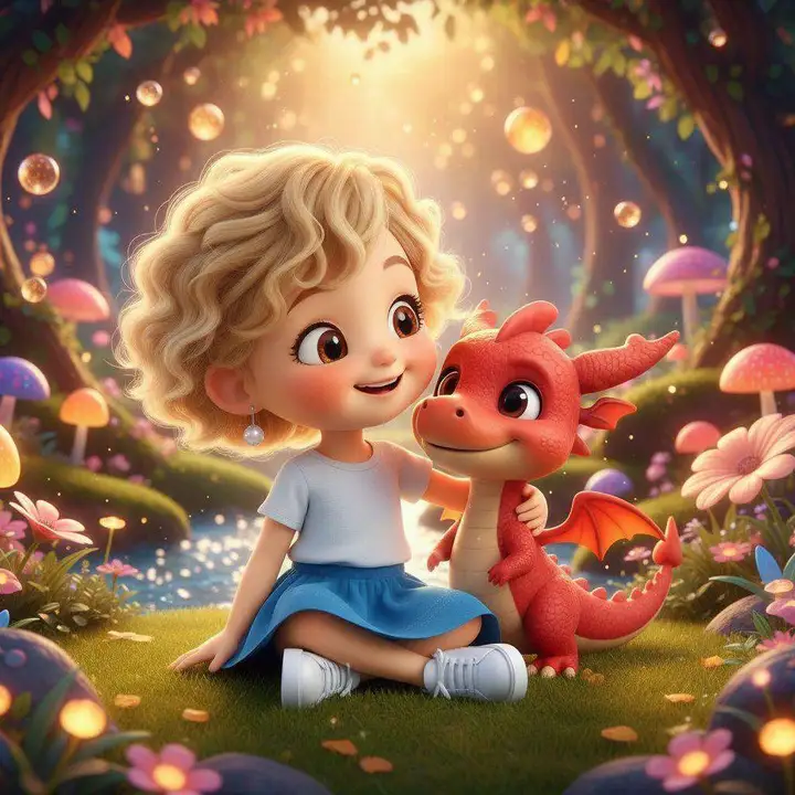 Luna, sentada en la hierba de un bosque encantado lleno de flores luminosas, sonríe junto al pequeño dragón rojo