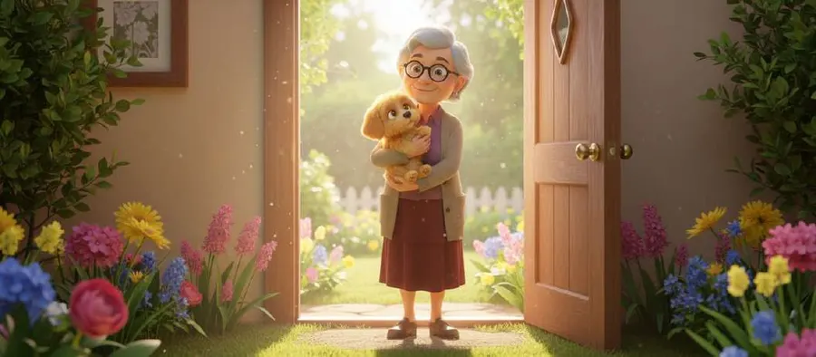 La abuela Pepa espera en la puerta de casa con un cachorro en brazos, rodeada de flores de primavera