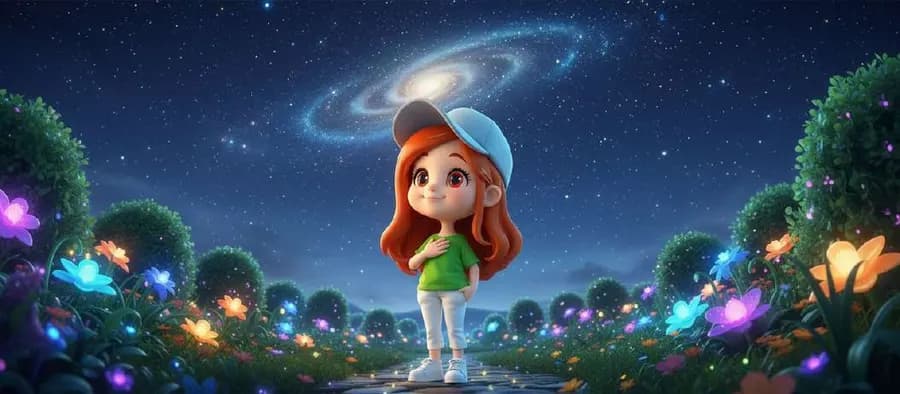 Lola, con su gorra azul, mira el cielo estrellado desde el jardín de su casa