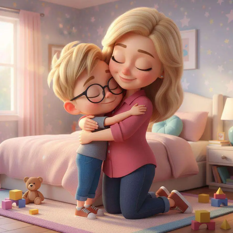 Juan, con sus gafas azules, abraza fuerte a su madre Elena en su habitación antes de salir hacia el colegio