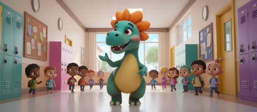 Bimba, una pequeña dinosaurio verde, guía a los niños por el pasillo del colegio entre las taquillas de colores
