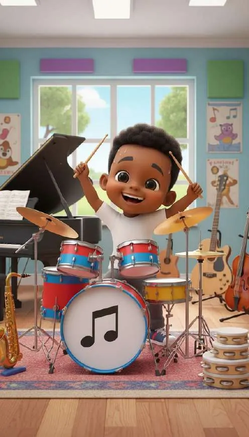 David toca la batería en la clase de música, rodeado de un piano, un saxofón y una guitarra
