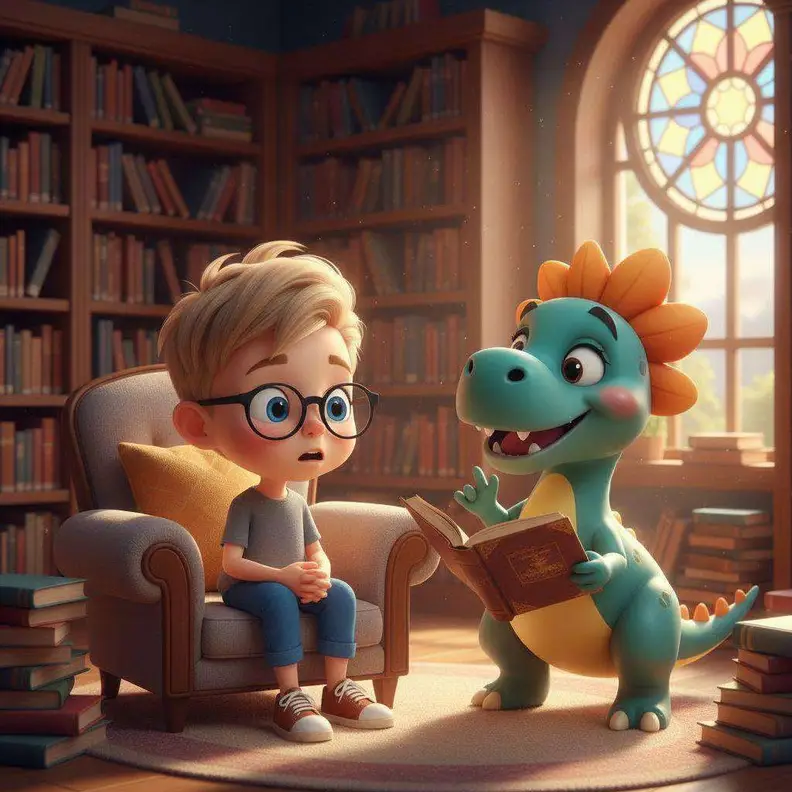 Bimba lee un libro abierto a Juan, sentado en un sillón de la biblioteca del colegio
