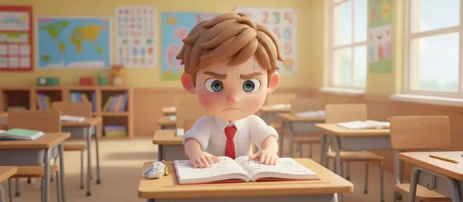 David, con el ceño fruncido, apoya las manos sobre su cuaderno abierto en el aula vacía