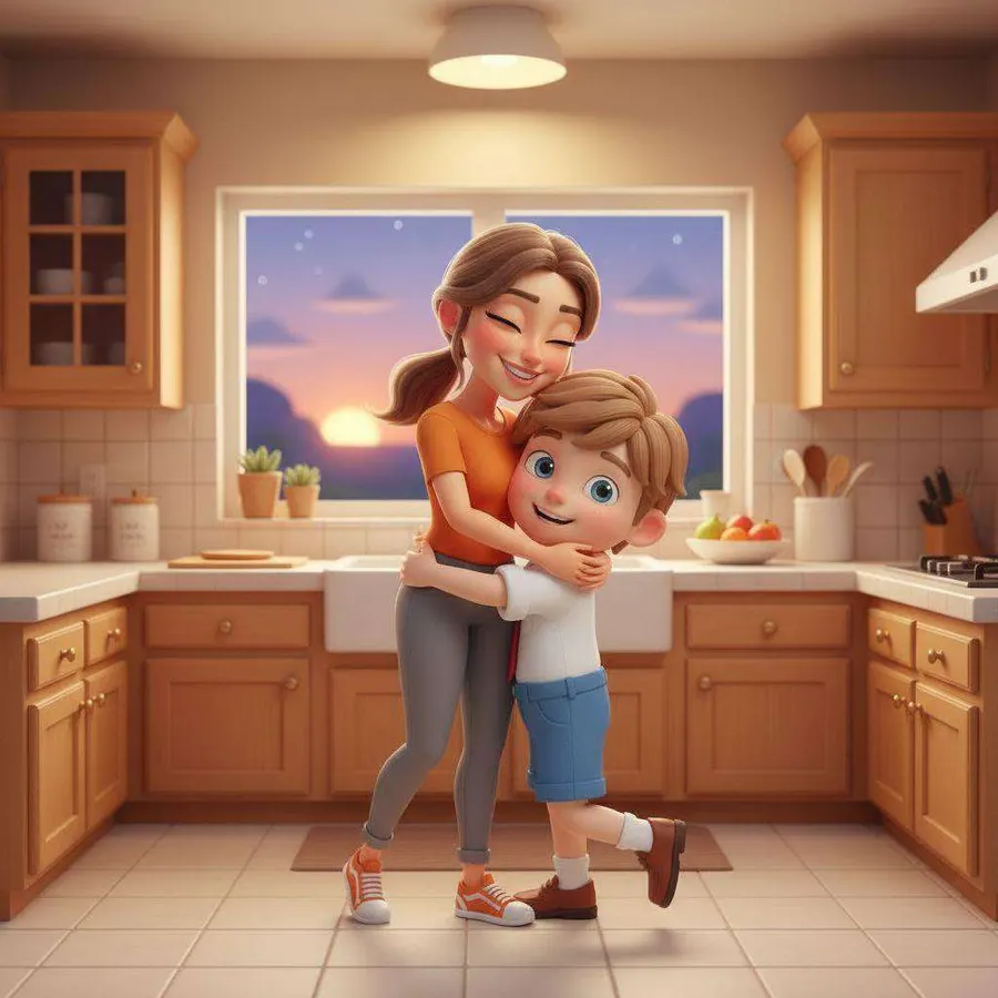La madre de David lo abraza en la cocina mientras por la ventana se ve el atardecer