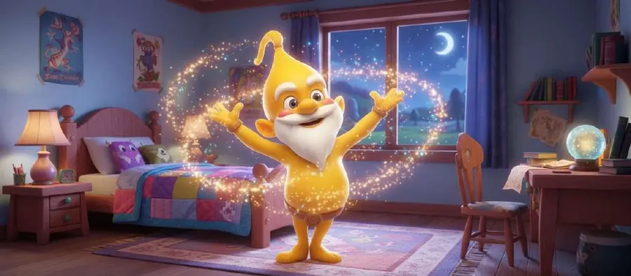 Zafir, el genio amarillo, traza un remolino de chispas doradas en el dormitorio de David bajo una luna en cuarto creciente