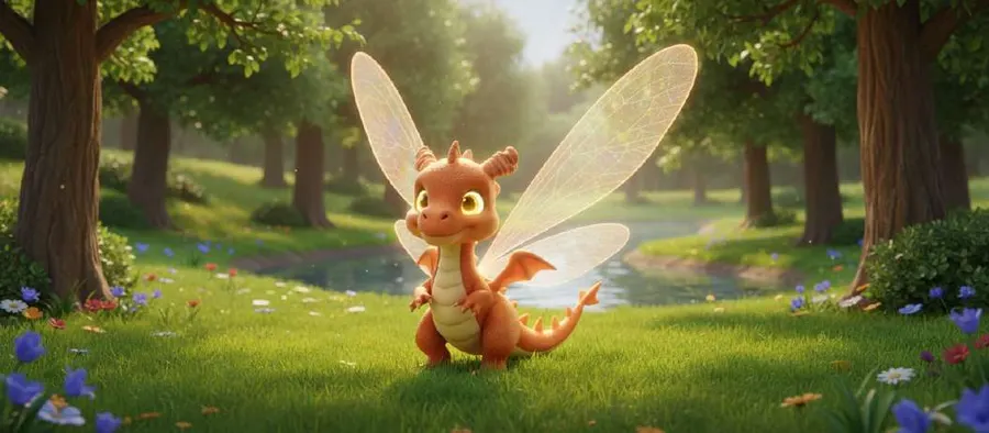Flami, un dragoncito naranja con grandes alas transparentes, aparece en un claro del parque junto al arroyo