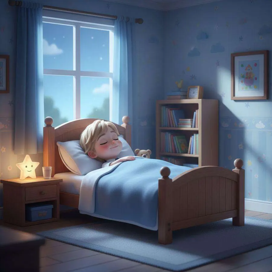 Nico duerme tranquilo en su cama, con una lamparita en forma de estrella encendida sobre la mesilla