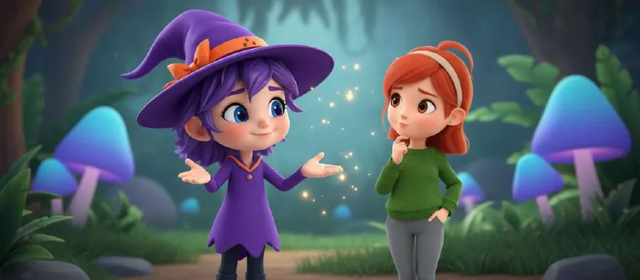 Uva, la pequeña bruja de túnica violeta, explica algo a Julia en un bosque de setas luminosas