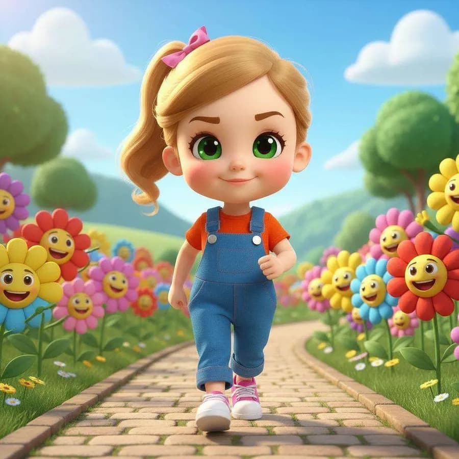 Matilda camina sonriente y decidida por un camino de adoquines rodeada de flores gigantes con cara feliz