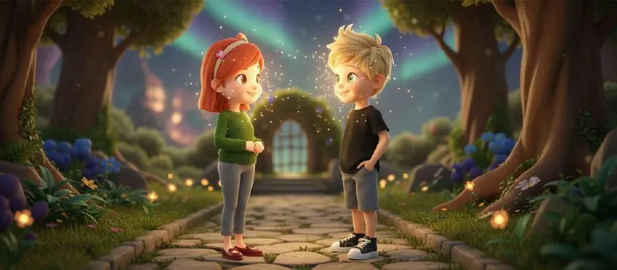 Dos de los hermanos se reencuentran al atardecer en un camino iluminado por luces mágicas