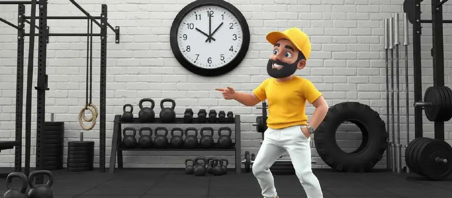 Álex señala el reloj de pared del box, rodeado de barras, discos, kettlebells y una rueda de camión