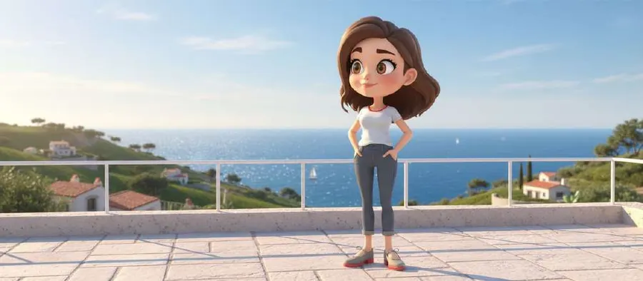 Una chica de pie en una terraza encalada contempla el mar Mediterráneo y las casas blancas de la costa