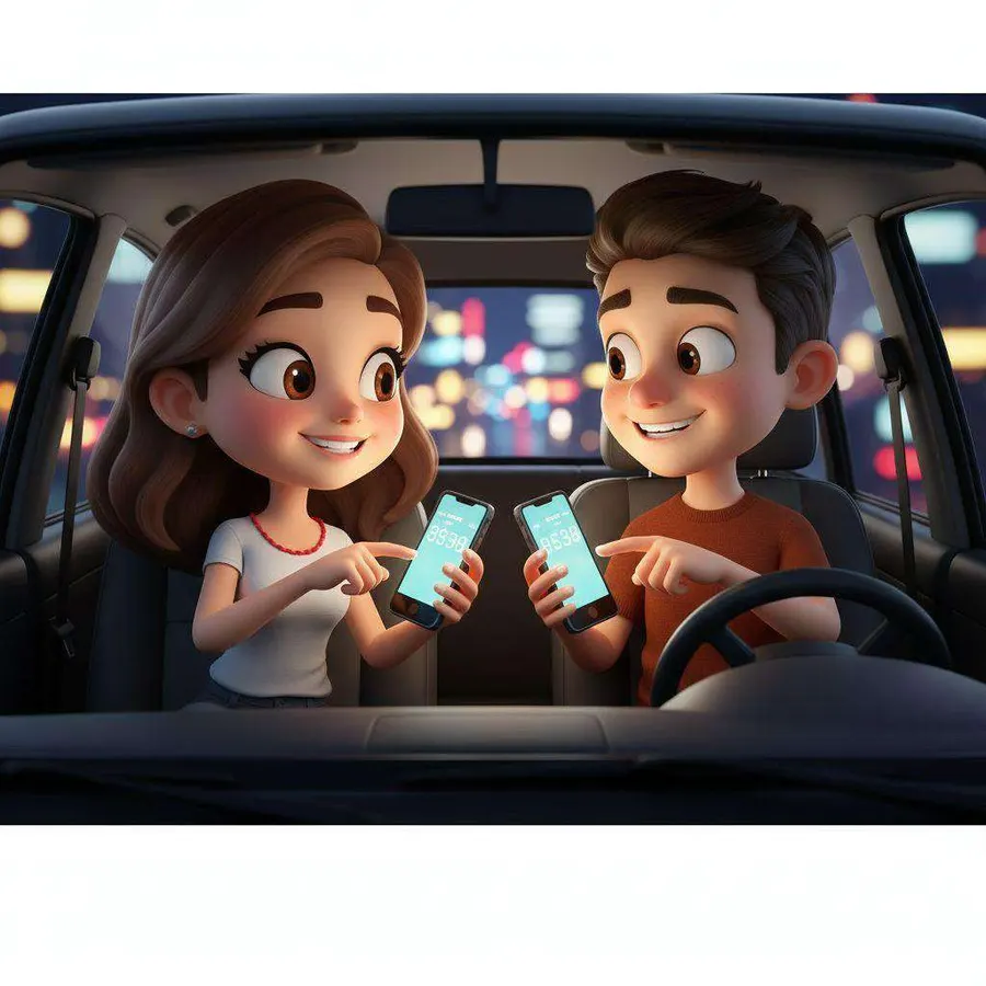 Una pareja sentada en un coche por la noche se intercambia los teléfonos móviles bajo las luces de la ciudad