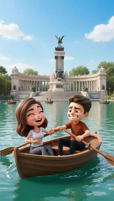 Una pareja rema en una barca por el estanque del Retiro, con el monumento a Alfonso XII al fondo