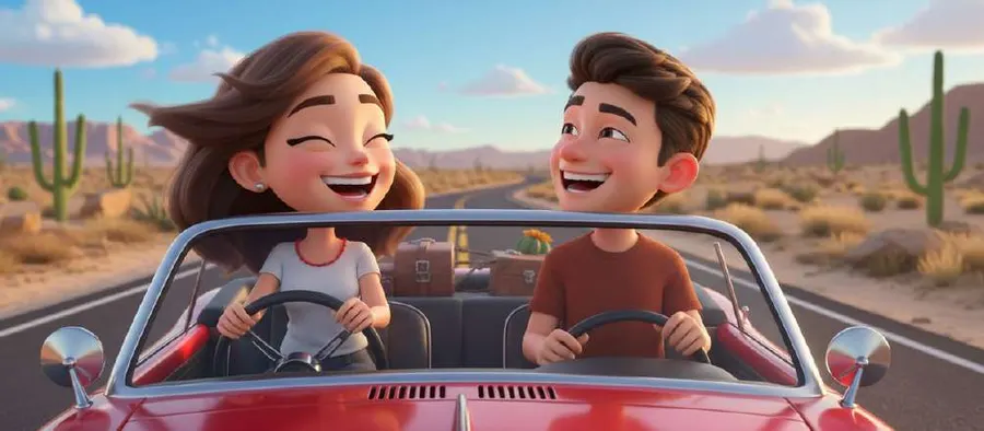 Una pareja conduce un descapotable rojo por una carretera de campo, riéndose con el pelo al viento