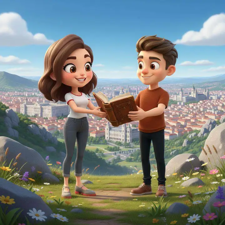 Un hombre entrega un libro encuadernado a una mujer en un claro de monte, con la ciudad extendida al fondo