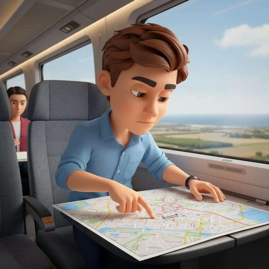 Un chico despliega un mapa de Valencia sobre la mesita del tren y señala un punto mientras el paisaje pasa por la ventanilla