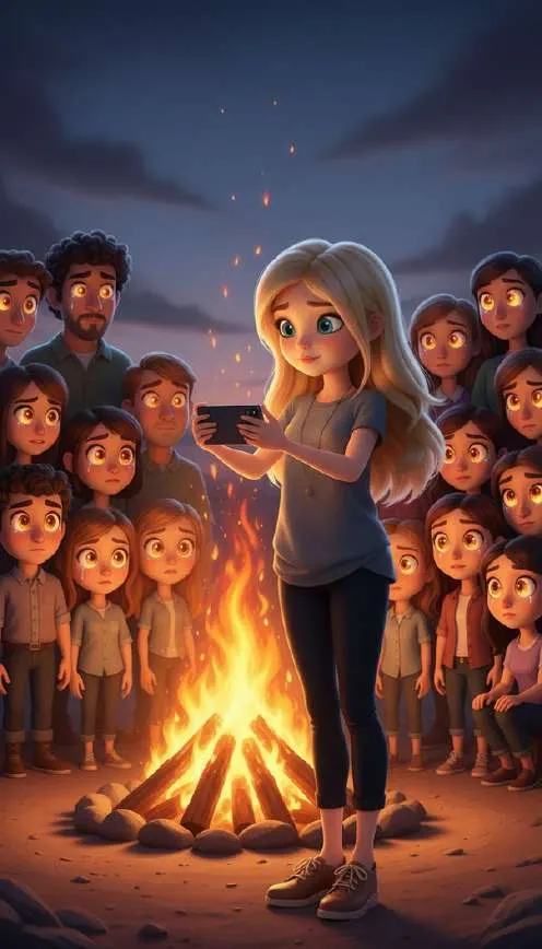Una chica fotografía una hoguera encendida rodeada por un corro de gente con los rostros iluminados por el fuego
