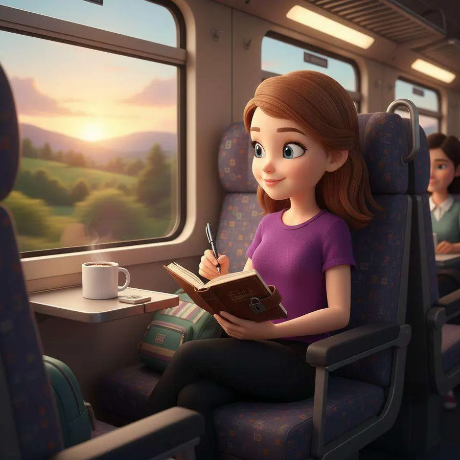 Una chica escribe en un cuaderno junto a la ventanilla del tren, con una taza en la mesita y el atardecer sobre los campos