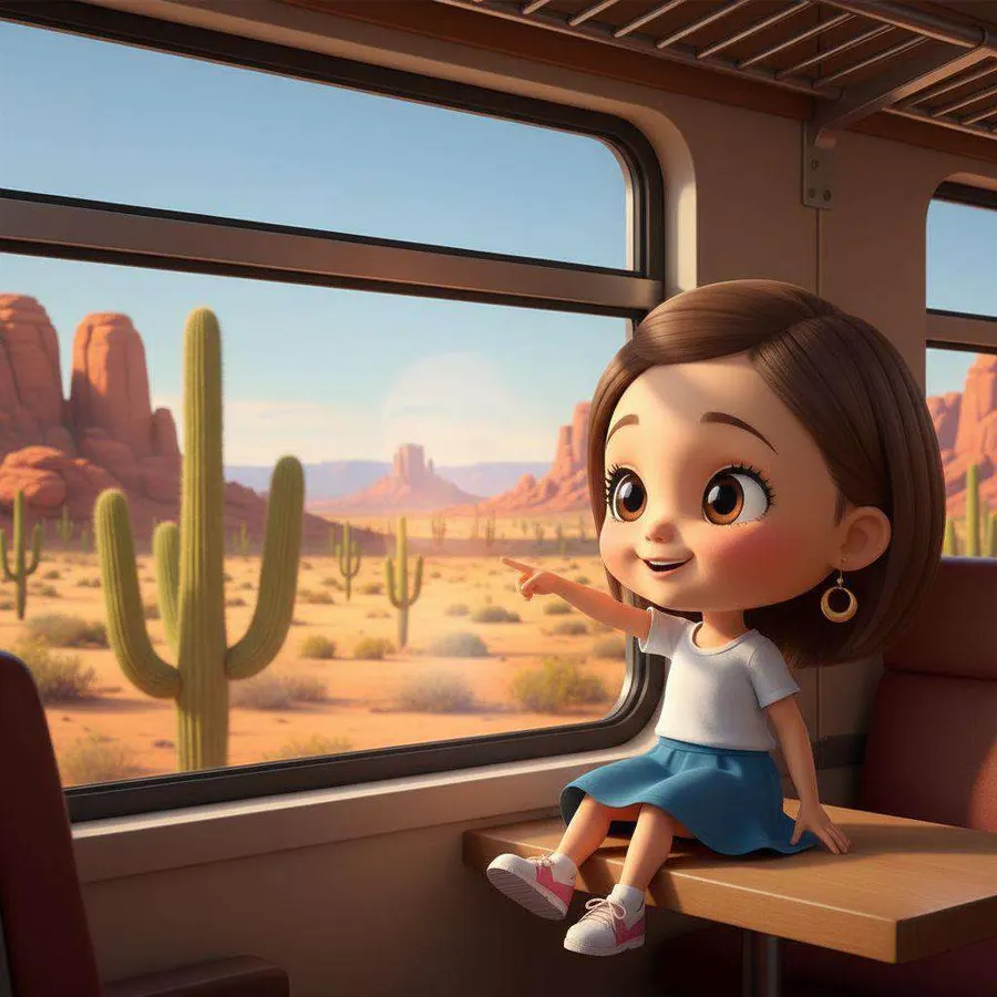Una niña sentada en un vagón de tren señala por la ventanilla un desierto de cactus y roca roja