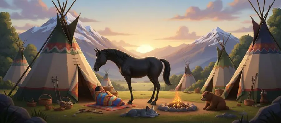 Un caballo negro junto a una hoguera encendida entre tiendas indias pintadas, con montañas nevadas al fondo al atardecer
