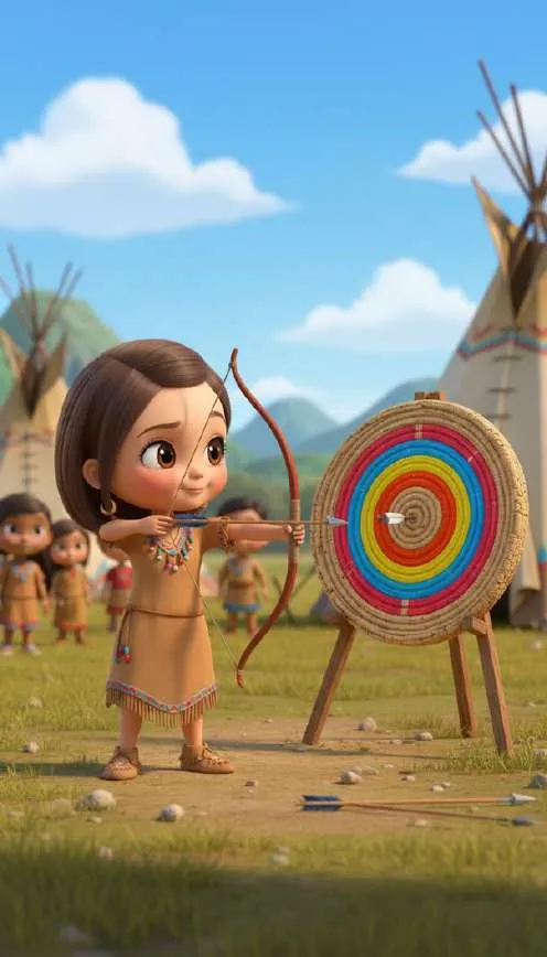 Una niña con vestido de flecos tensa un arco frente a una diana de colores, con tiendas indias detrás