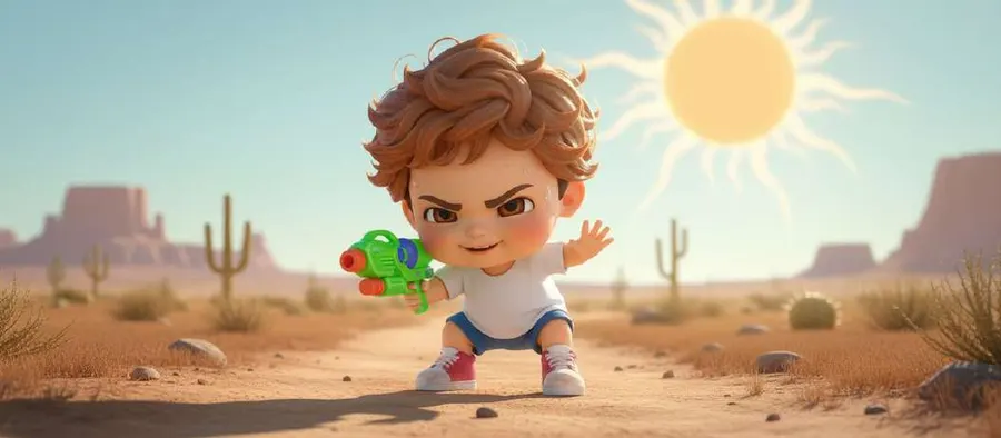 Un niño con una pistola de agua verde se planta con gesto decidido en un desierto de cactus bajo un sol de dibujo