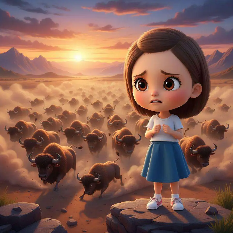 Una niña preocupada sobre una roca mira una manada de búfalos que corre levantando polvo en la llanura al atardecer
