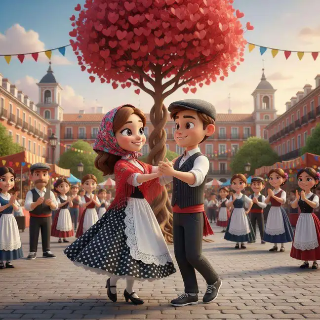 Una pareja vestida de chulapos baila el chotis en una plaza, ella con vestido de lunares y él con gorra parpusa