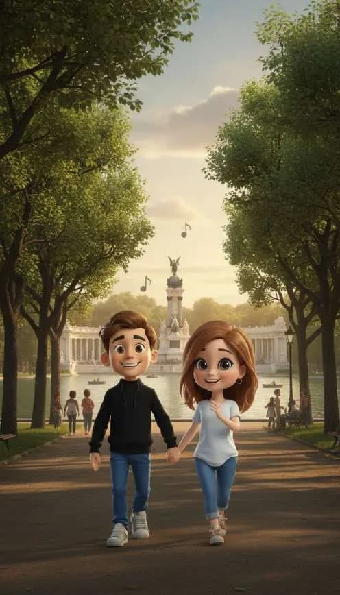Una pareja camina de la mano por un paseo arbolado del Retiro con el monumento a Alfonso XII al fondo