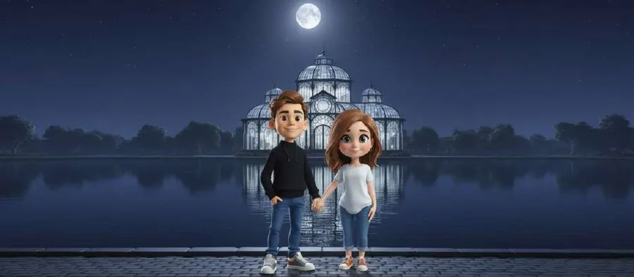 Una pareja contempla de noche el Palacio de Cristal reflejado en el estanque bajo la luna llena
