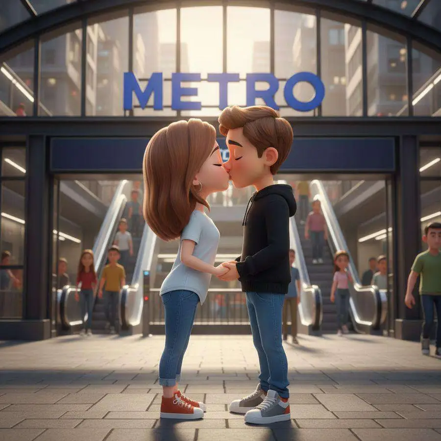 Una pareja se besa a la entrada de una boca de metro mientras la ciudad amanece a su alrededor
