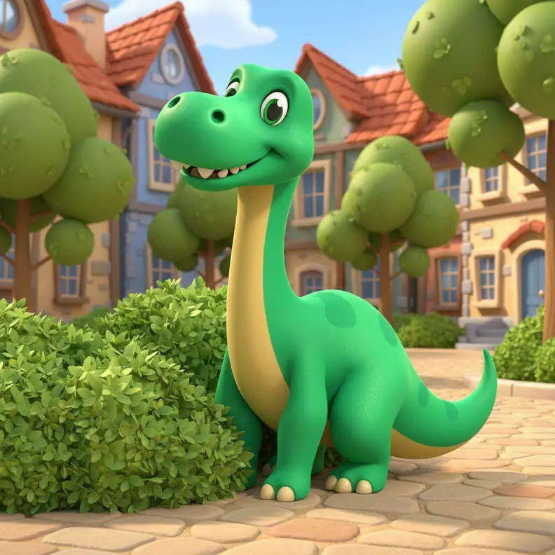 Rocky, un dinosaurio verde esmeralda, asoma entre los setos de la calle empedrada del barrio
